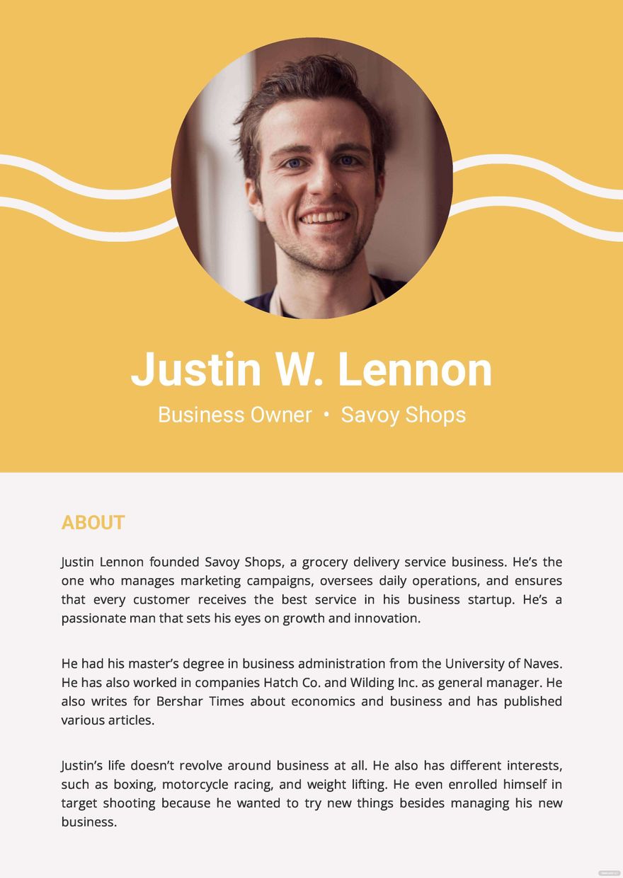 Professional Bio Template For New Business Startup
