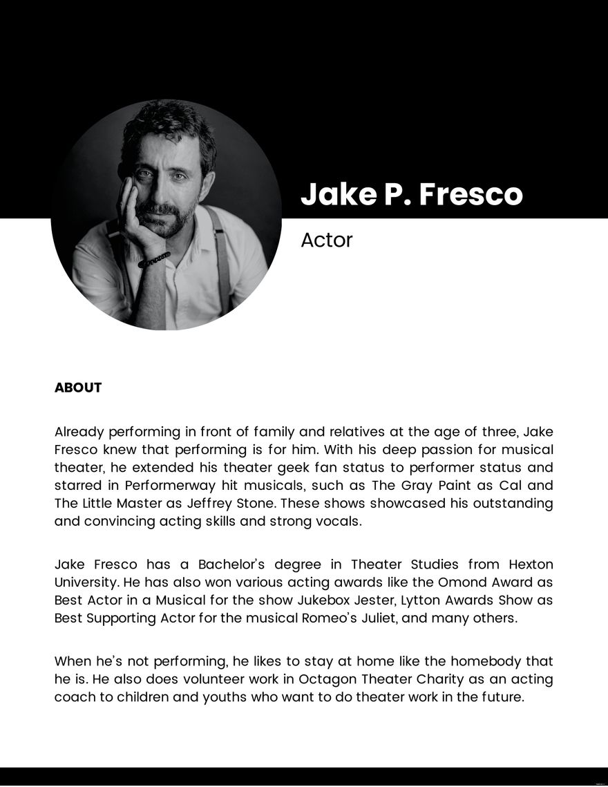 Professional Bio Template For Actor