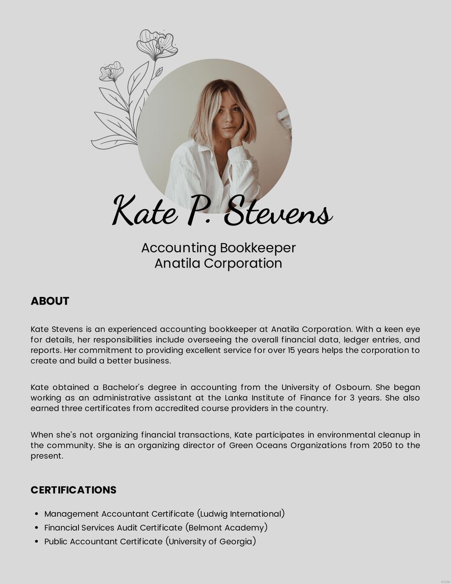 Professional Bio Template For Bookkeeper
