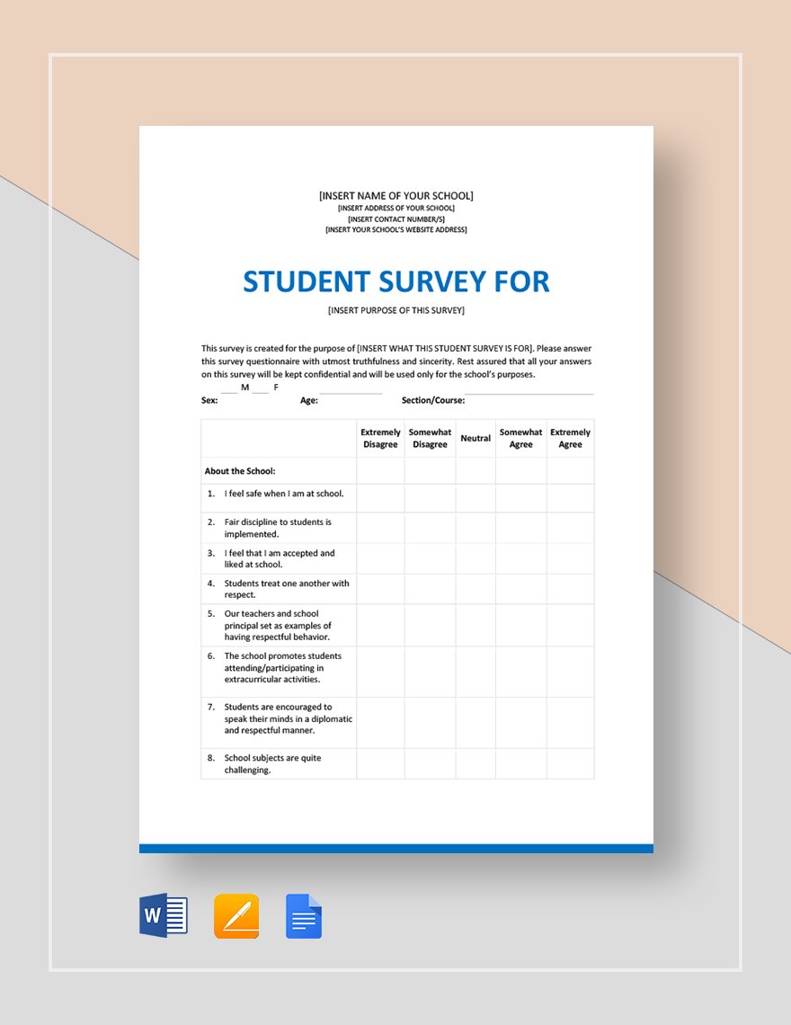 Sample Student Survey Template Google Docs, Word, Apple Pages