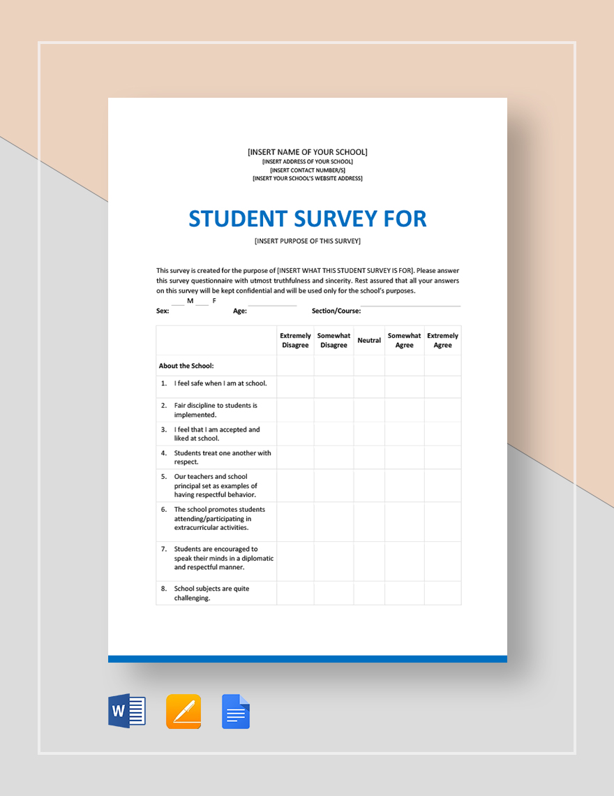 Sample Student Survey Template in Pages Word Google Docs Download