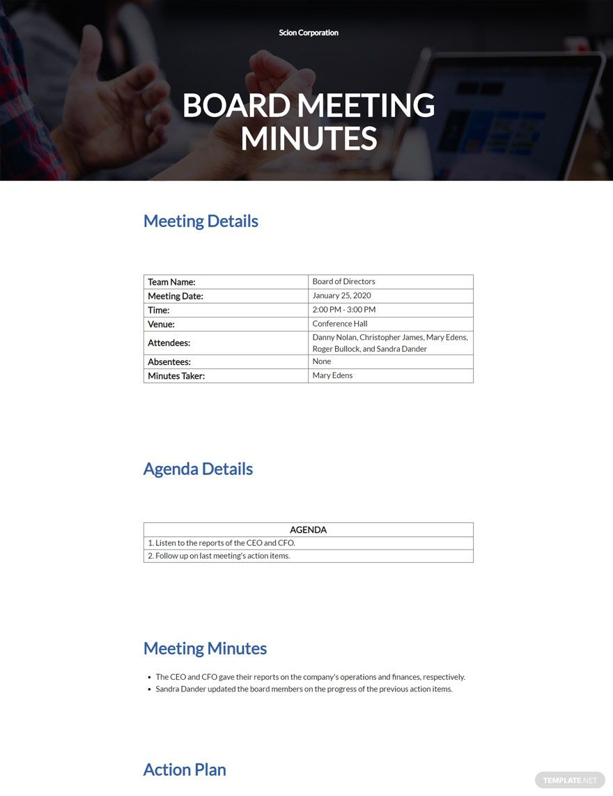Board Meeting Minutes Example Template
