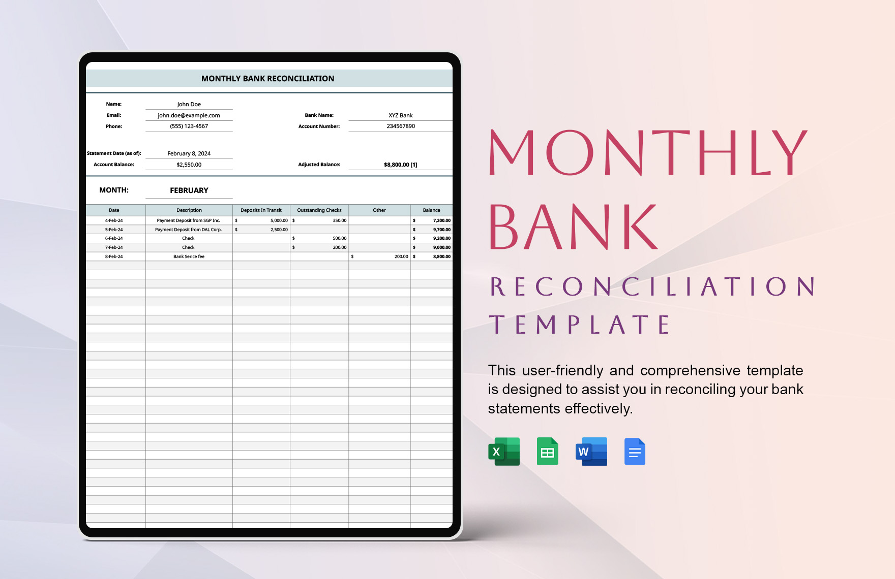 Business Bank Reconciliation Template Evelynmercy