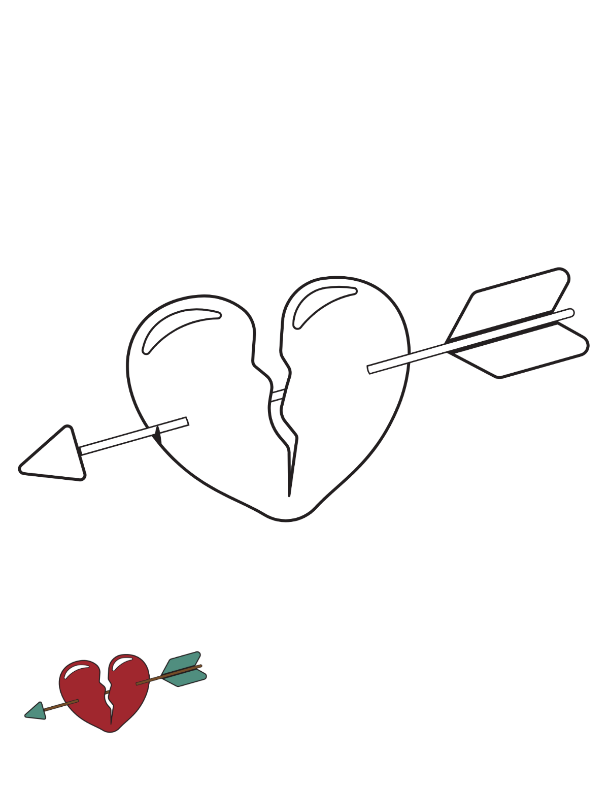 Broken Heart With Arrow Coloring Page Template
