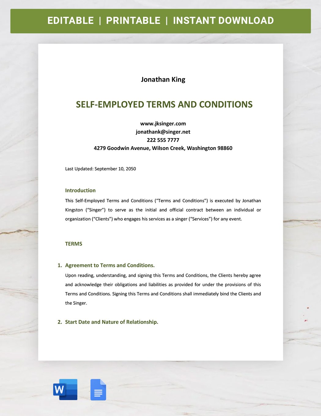 Self Employed Terms And Conditions Template