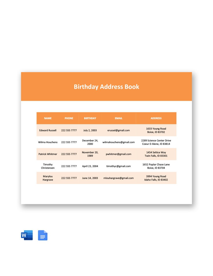 Birthday Address Book Template