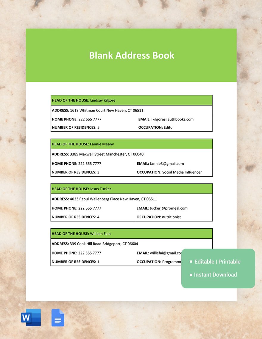 Blank Address Book Template in Word, Google Docs