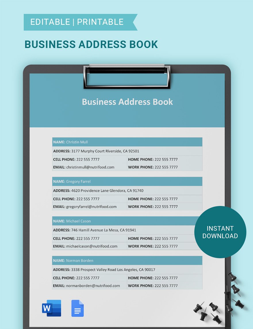 Business Address Book Template in Word, Google Docs