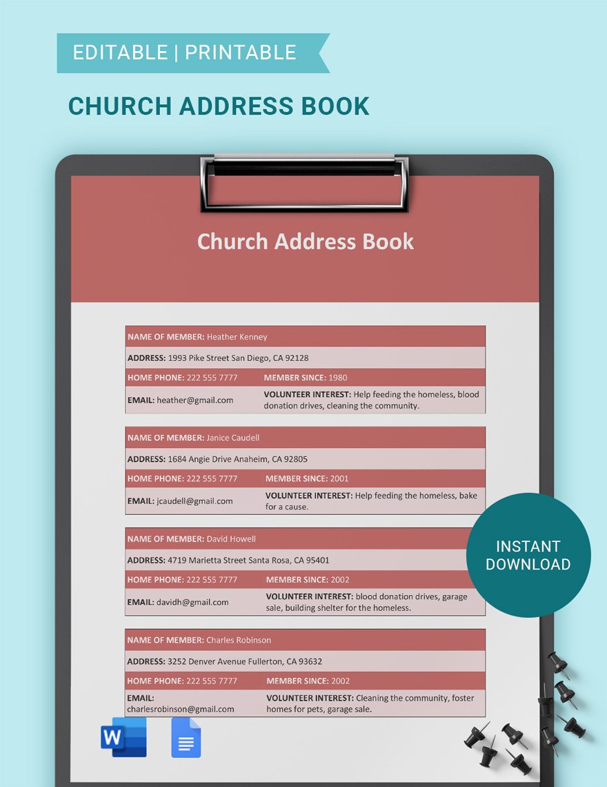 Church Address Book Template in Word, Google Docs
