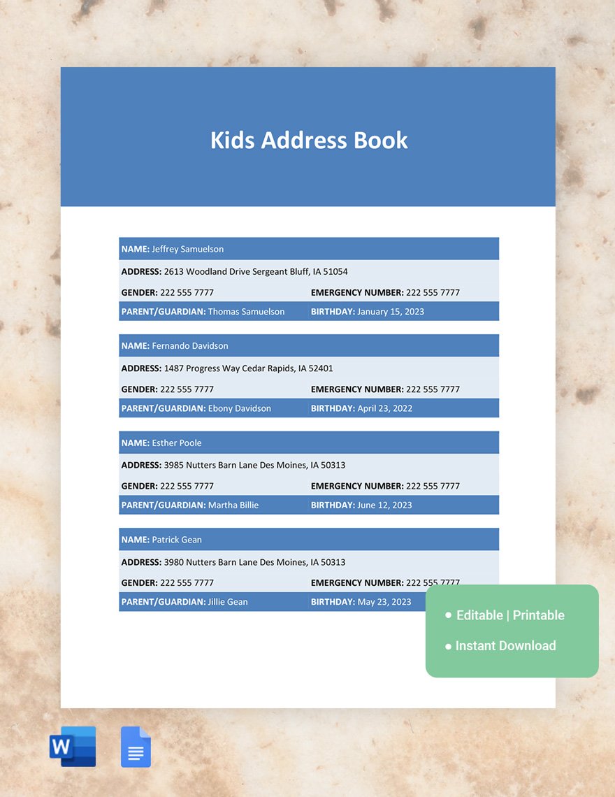 Kids Address Book Template in Word, Google Docs