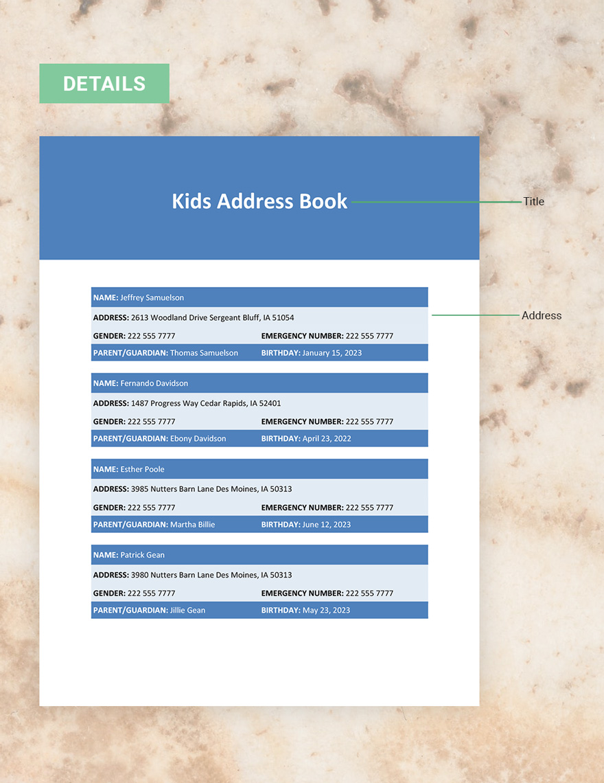 Kids Address Book Template