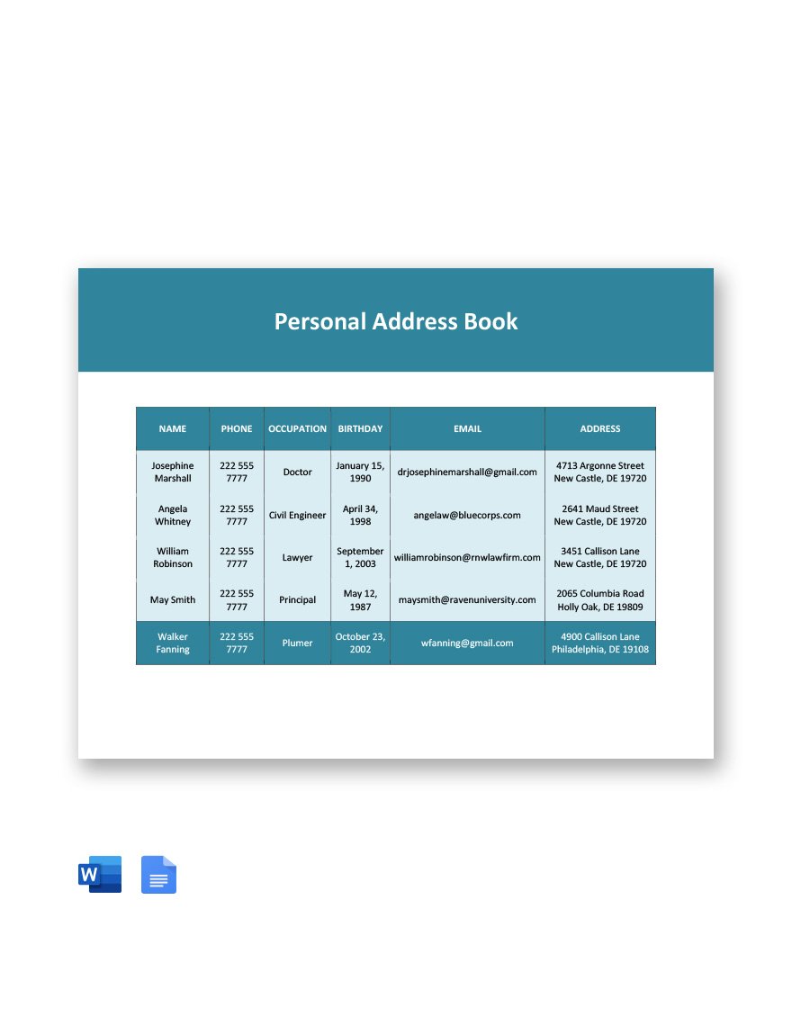 Personal Address Book Template