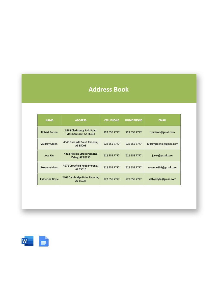 Simple Address Book Template in Word, Google Docs