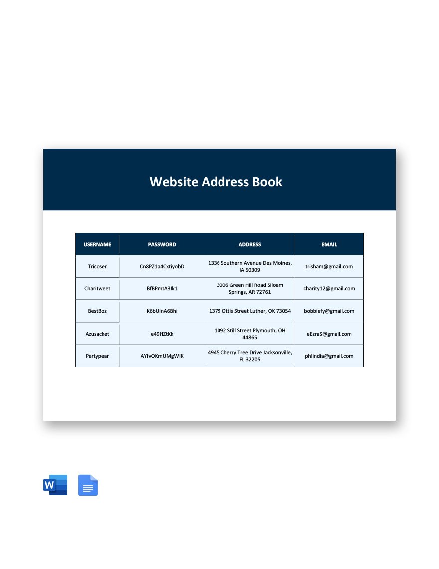 Website Address Book Template