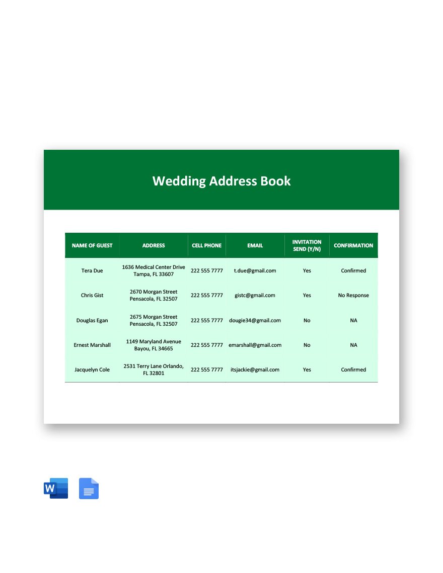 Wedding Address Book Template in Word, Google Docs