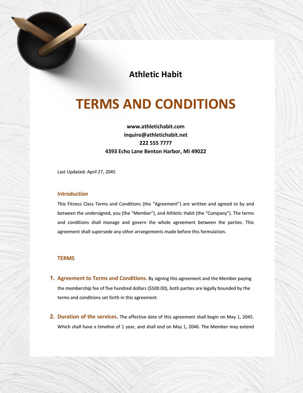 Fitness Class Terms And Conditions Template