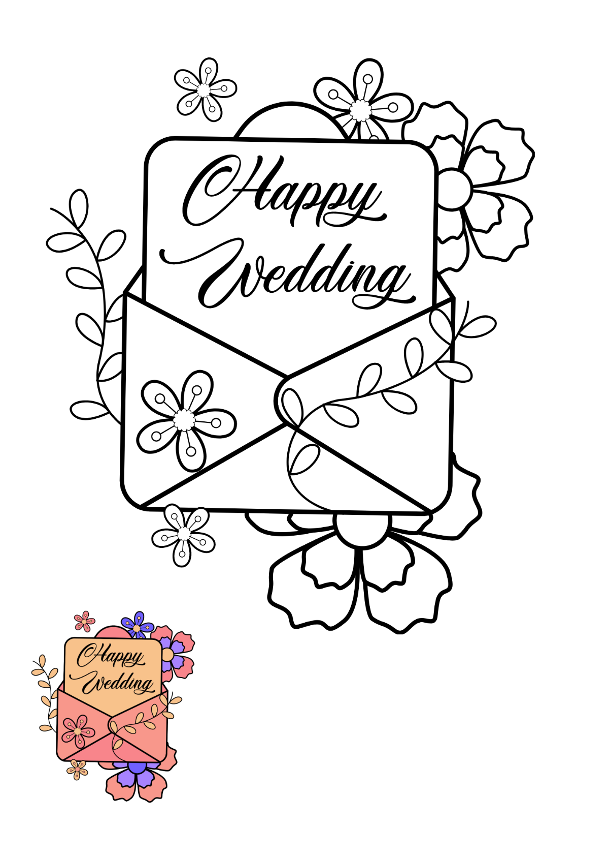 Floral Wedding Card Coloring Page Template