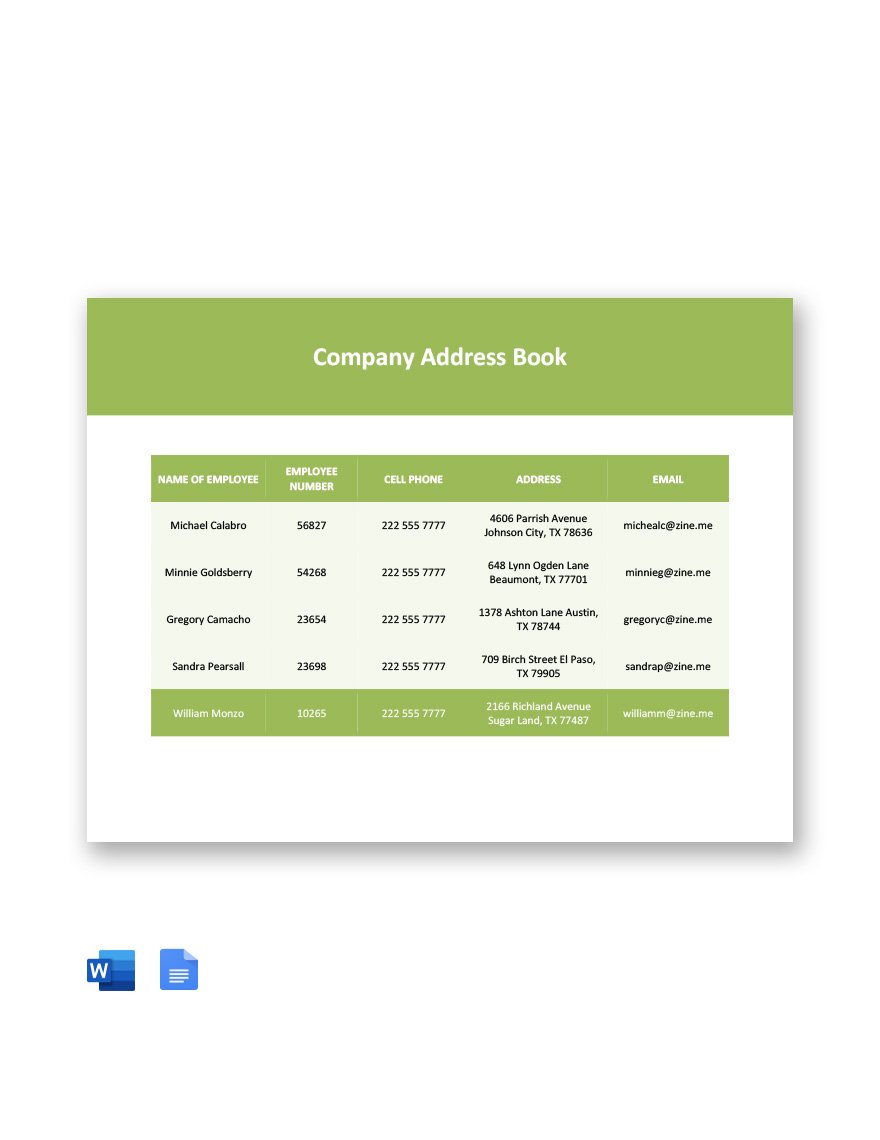 Company Address Book Template in Word, Google Docs