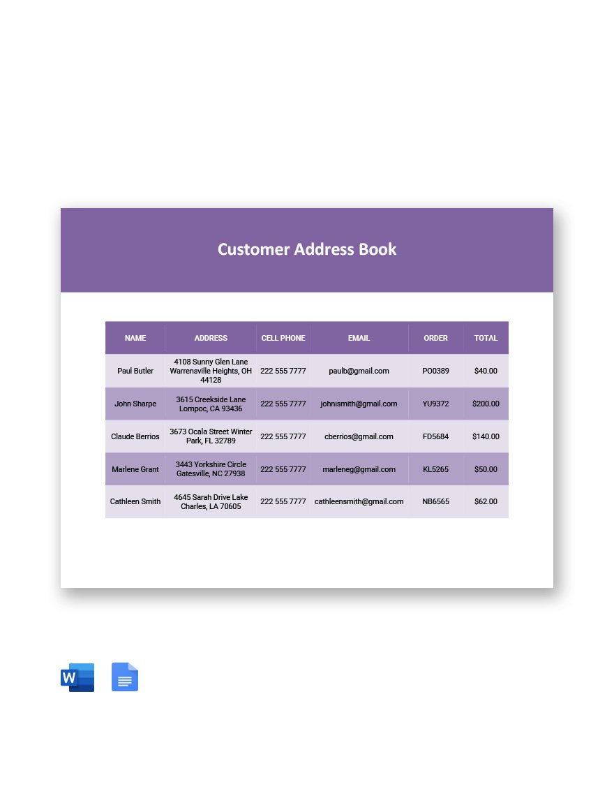 Customer Address Book Template in Word, Google Docs