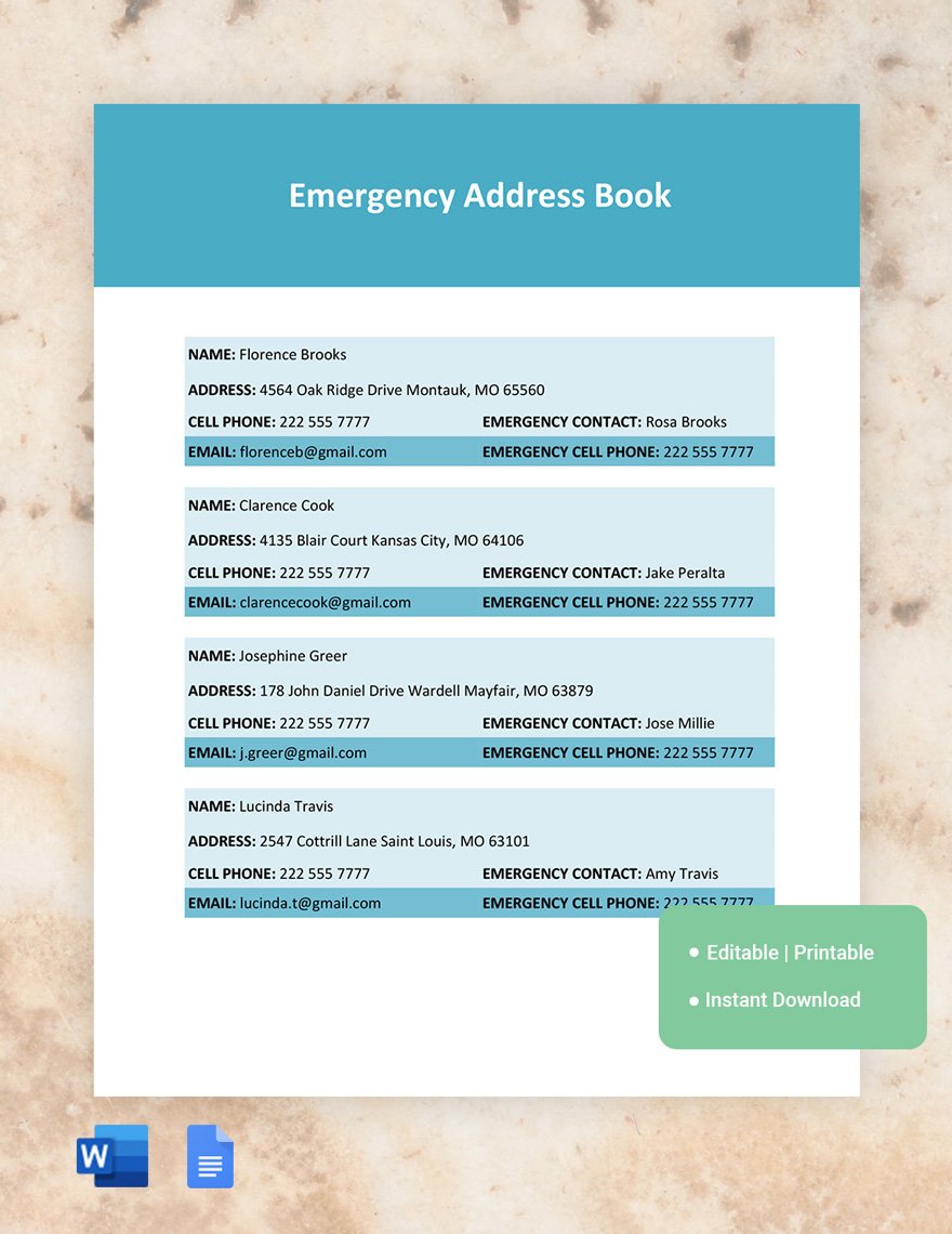 Emergency Address Book Template in Word, Google Docs
