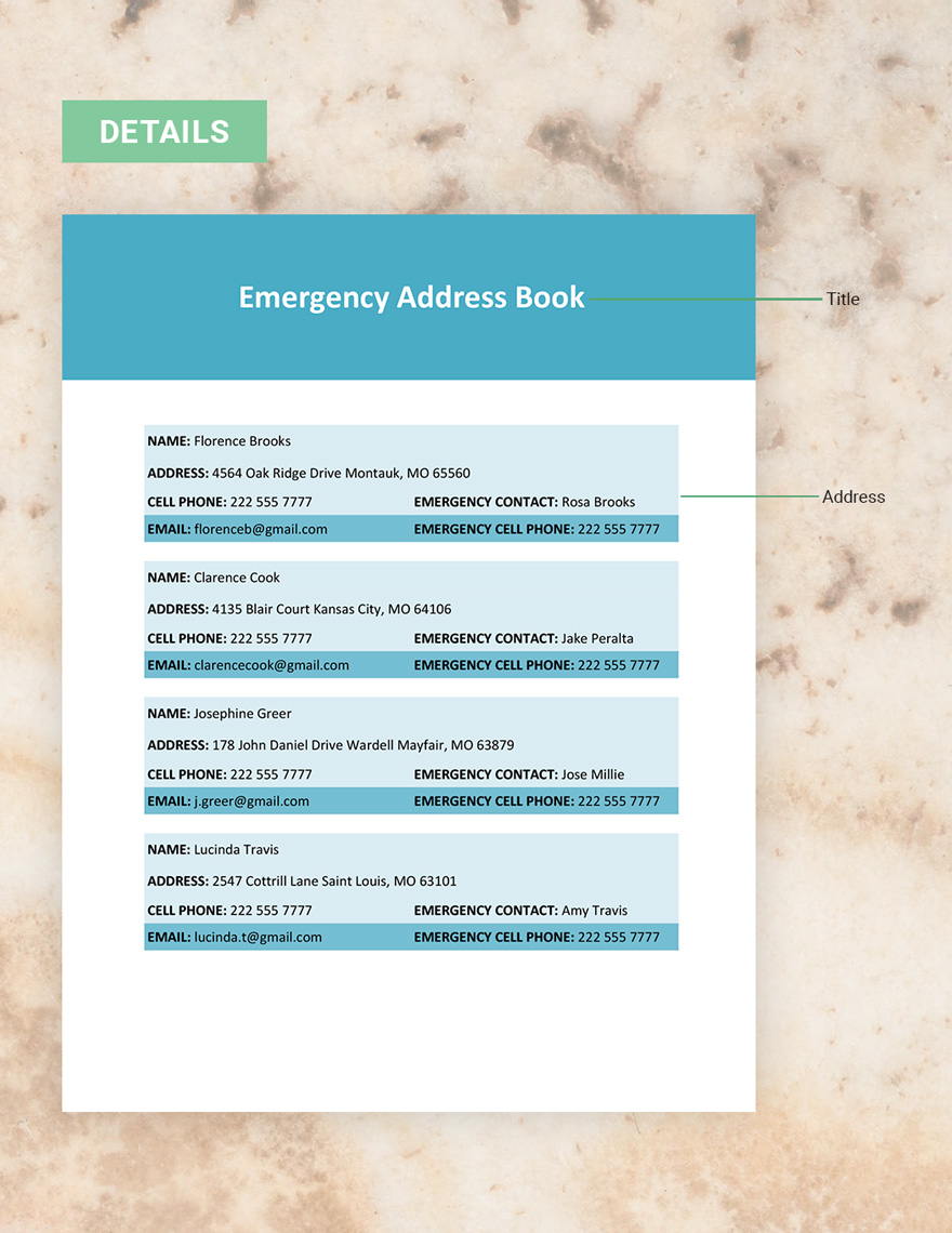 Emergency Address Book Template