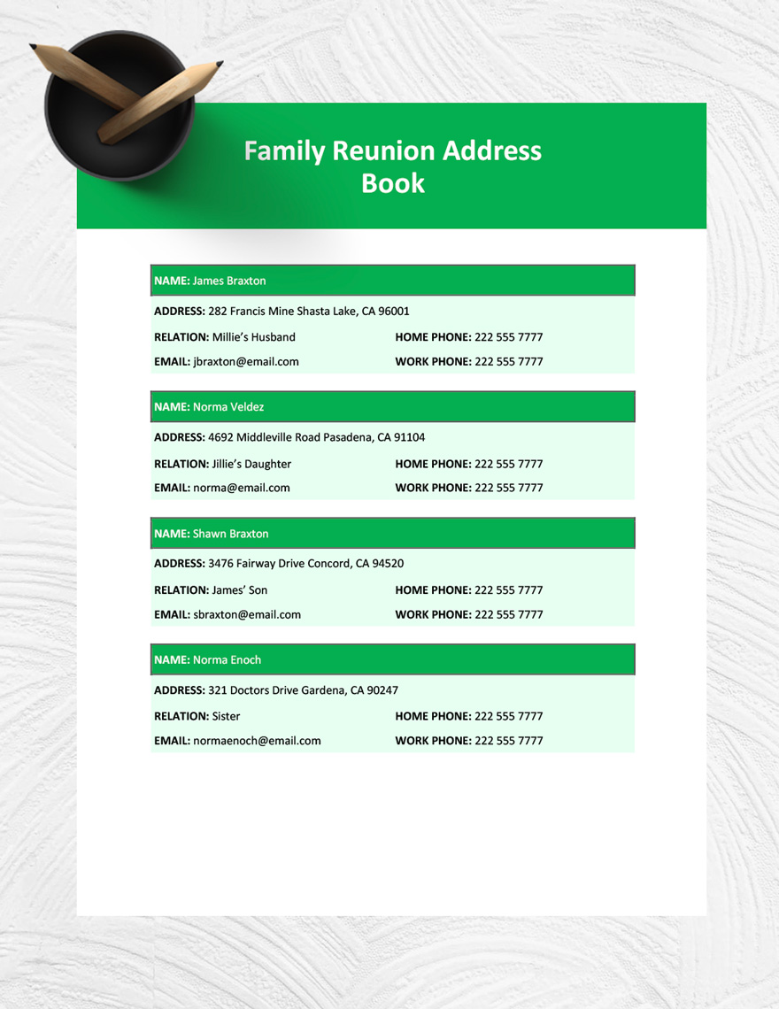 Family Reunion Address Book Template