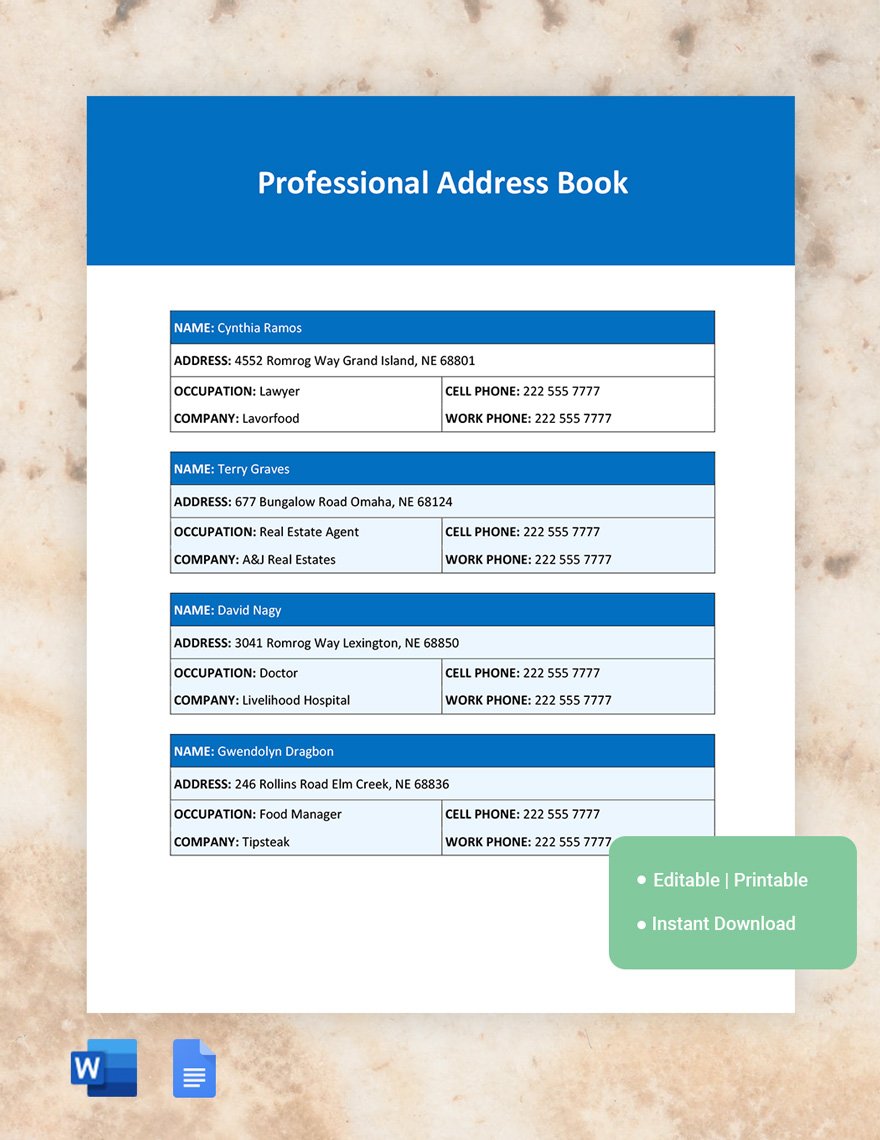 Professional Address Book Template in Word, Google Docs