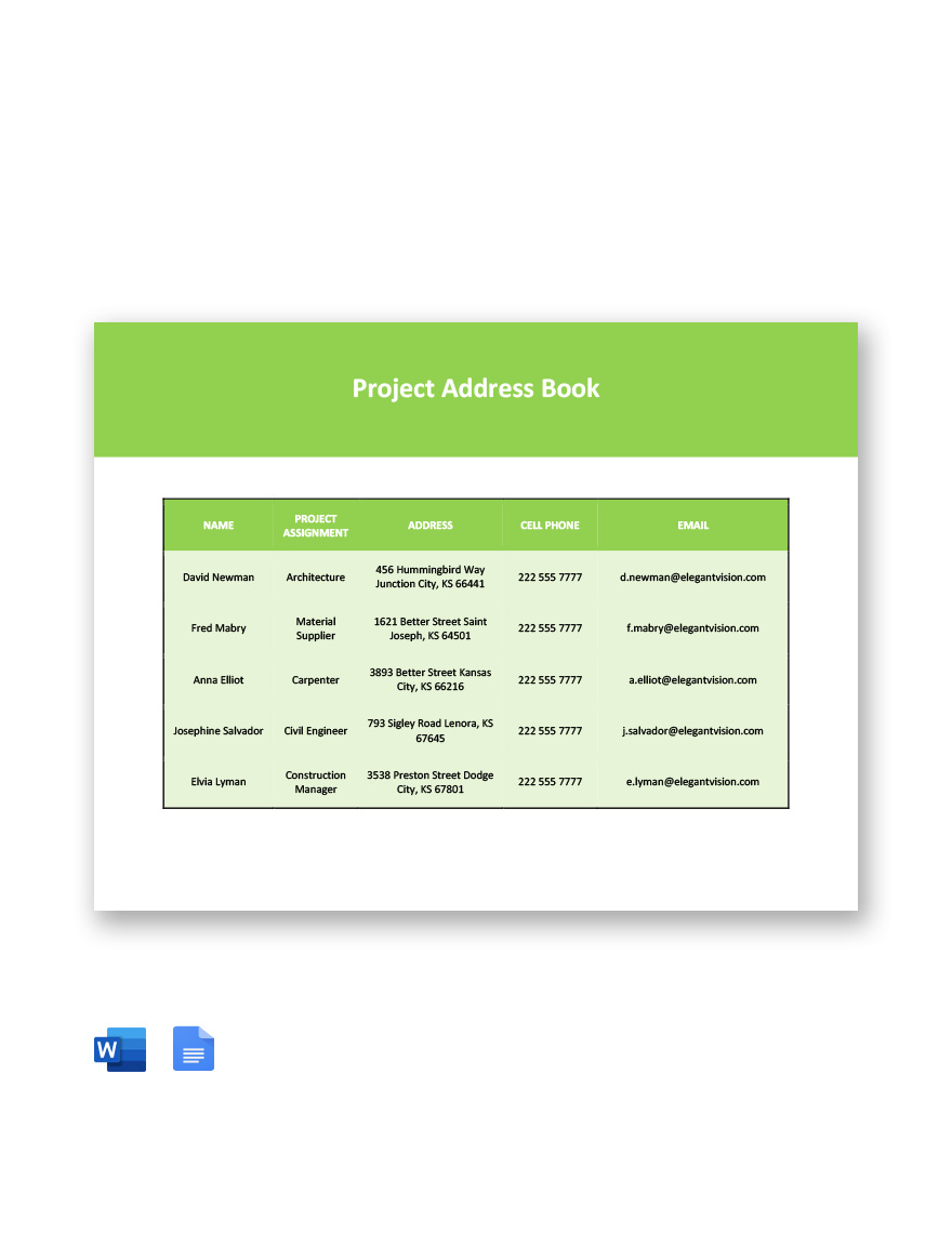 Project Address Book Template in Word, Google Docs