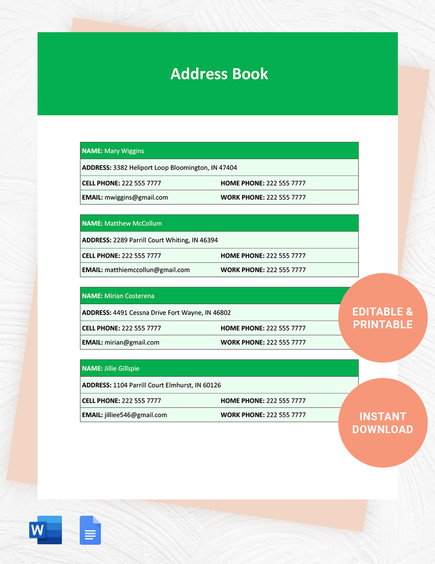 Sample Address Book Template in Word, Google Docs