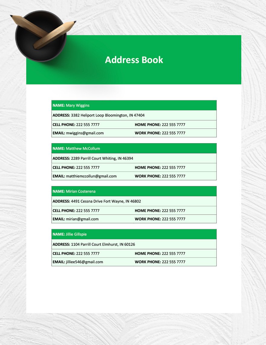 Sample Address Book Template
