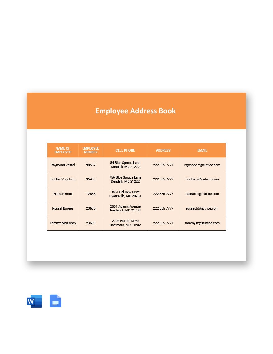 Employee Address Book Template in Word, Google Docs