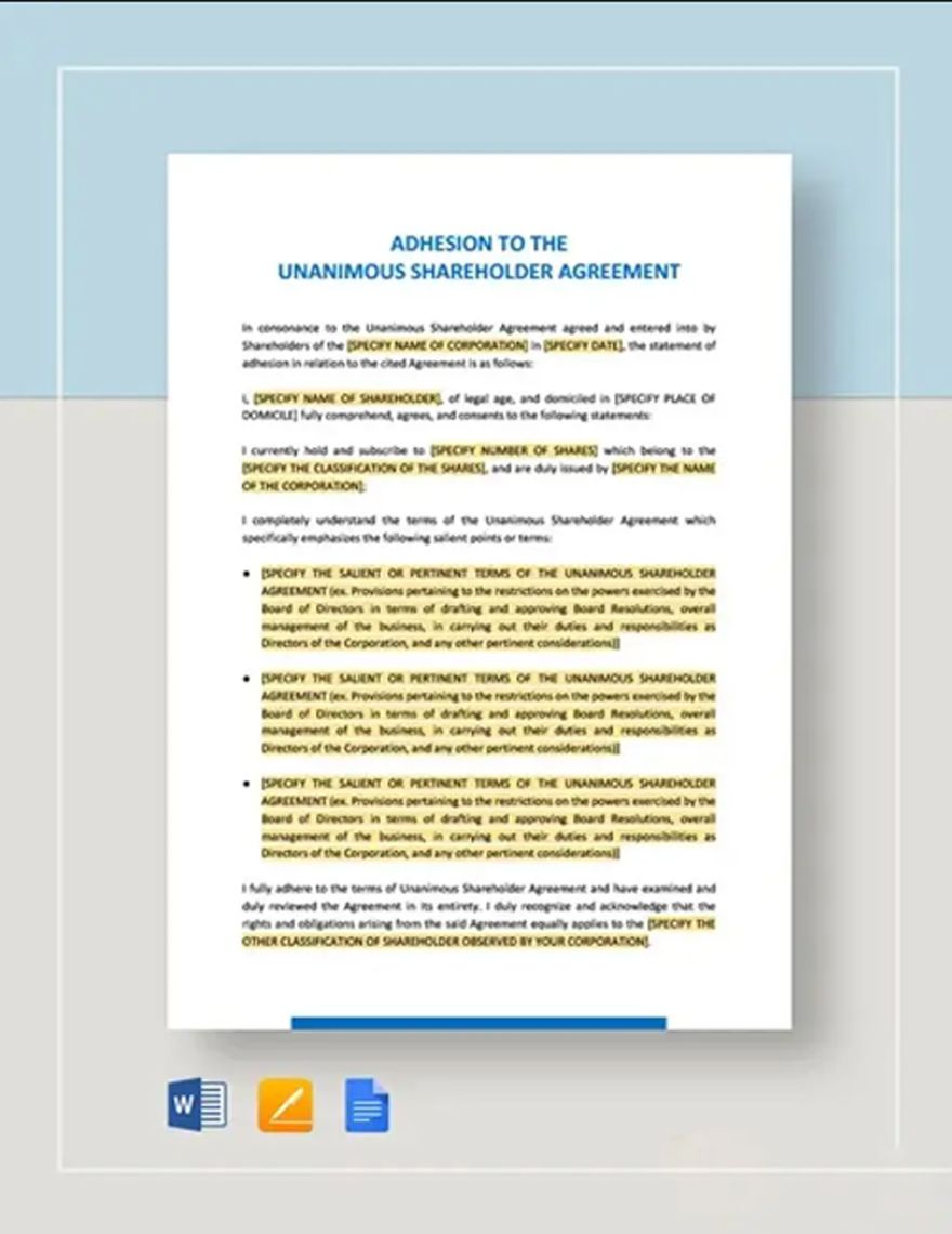 Adhesion to the Unanimous Shareholder Agreement Template