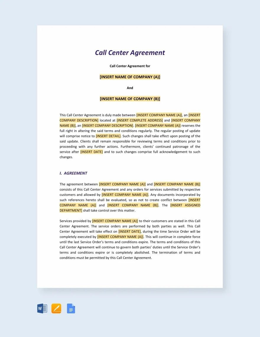 Call Center Agreement Template in Word, Google Docs, Apple Pages