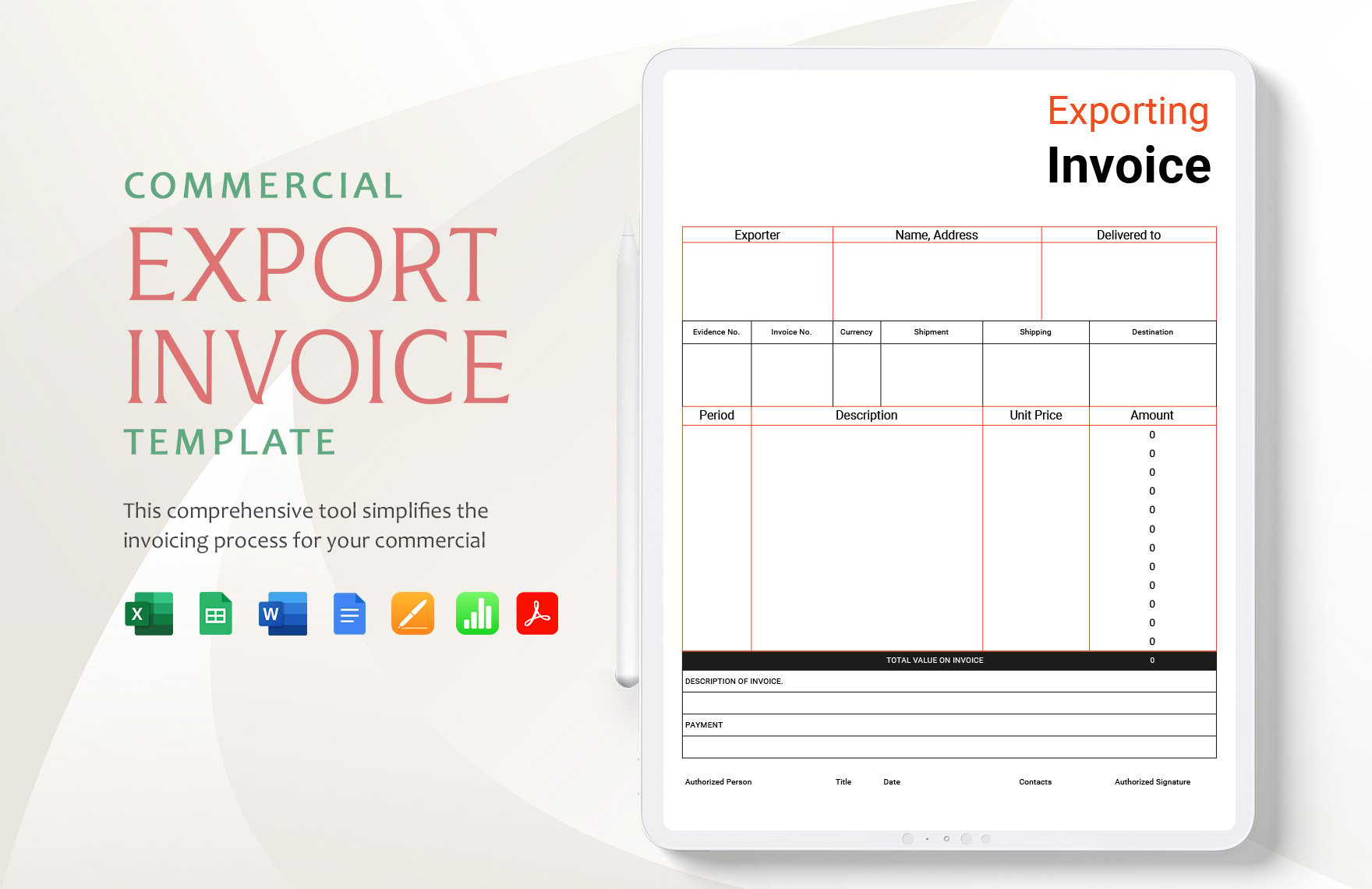 Commercial Export Invoice Template in Word, Google Docs, Excel, PDF, Google Sheets, Illustrator, PSD, Apple Pages, Apple Numbers