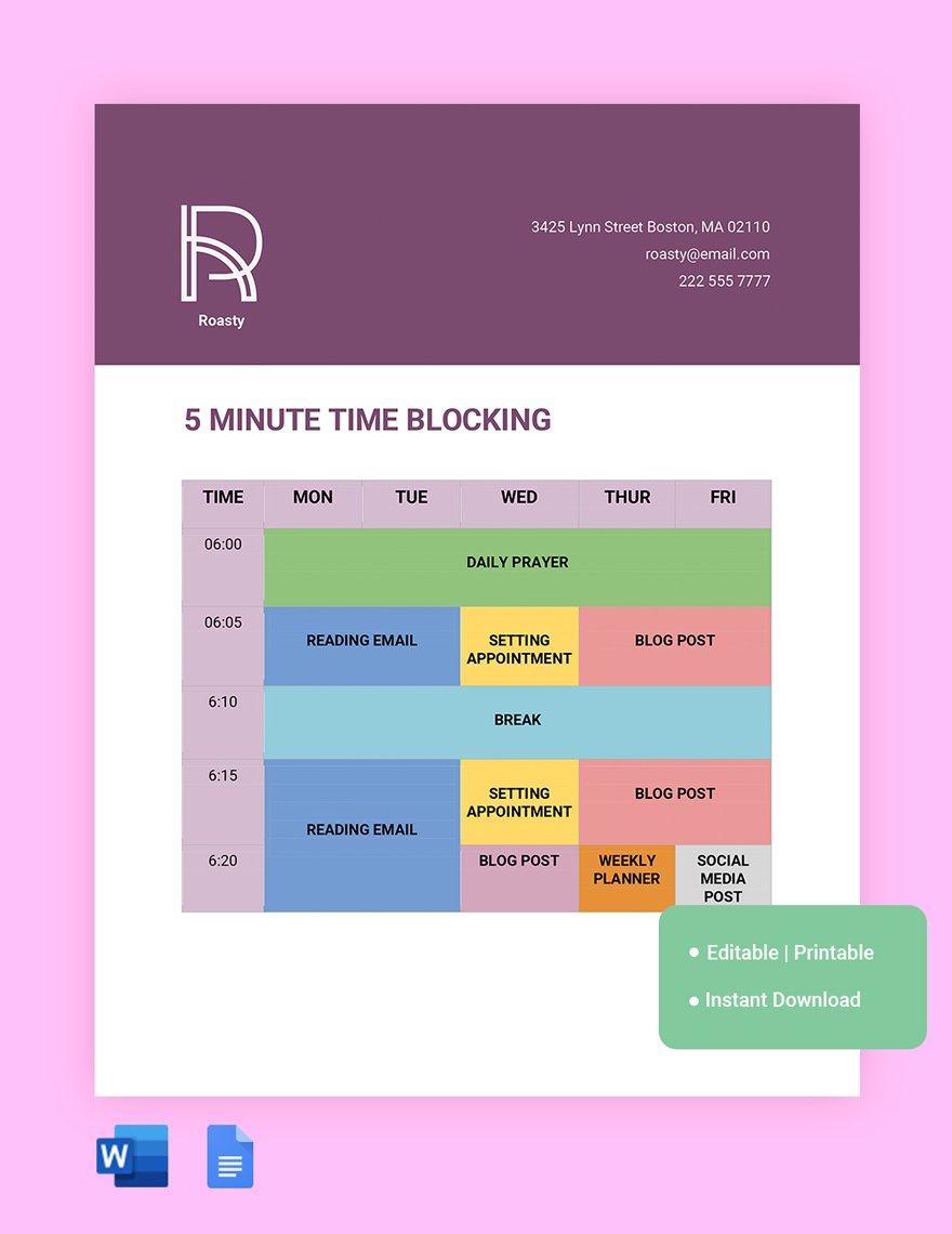 5 Minute Time Blocking Template in Word, Google Docs