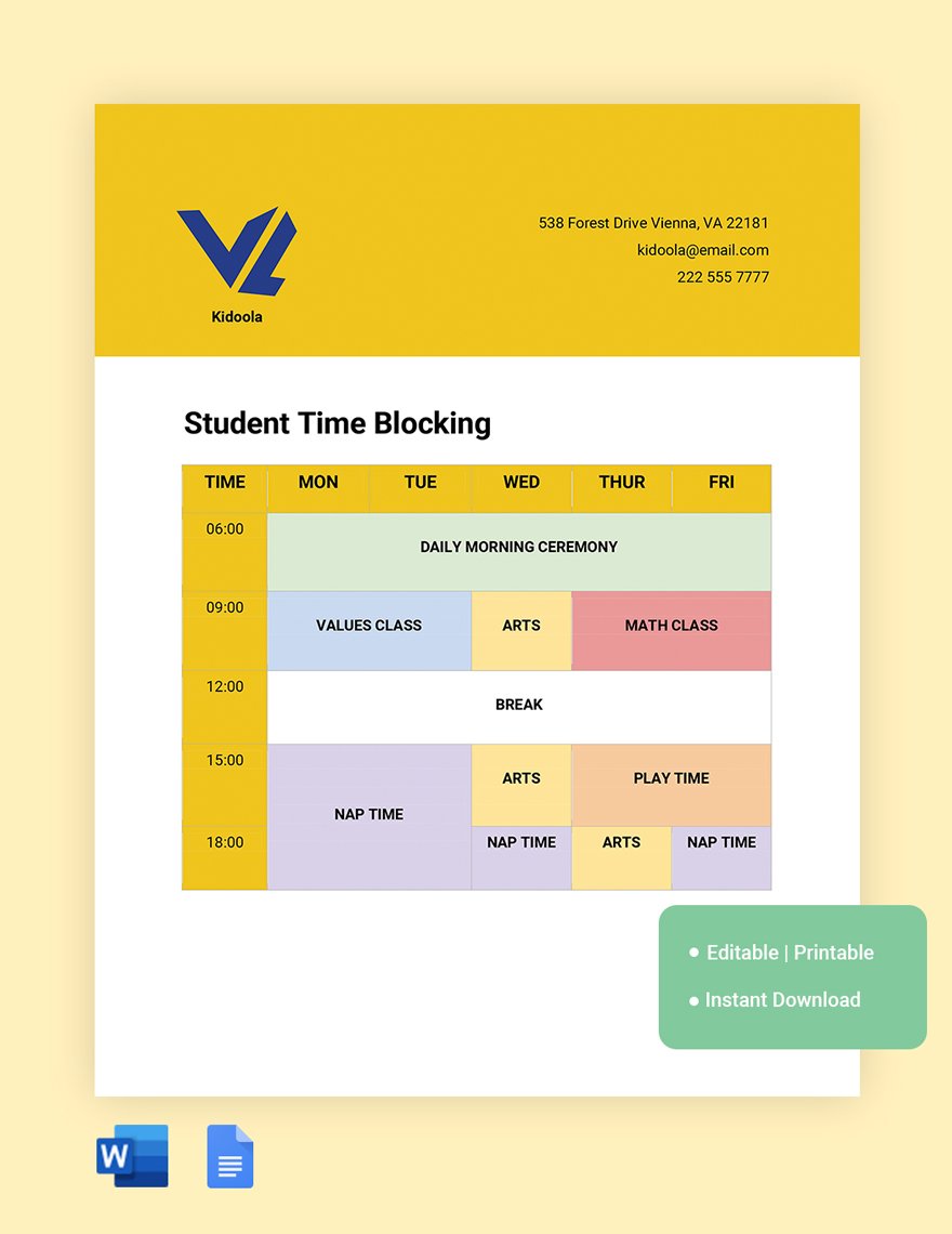 Student Time Blocking Template in Word, Google Docs