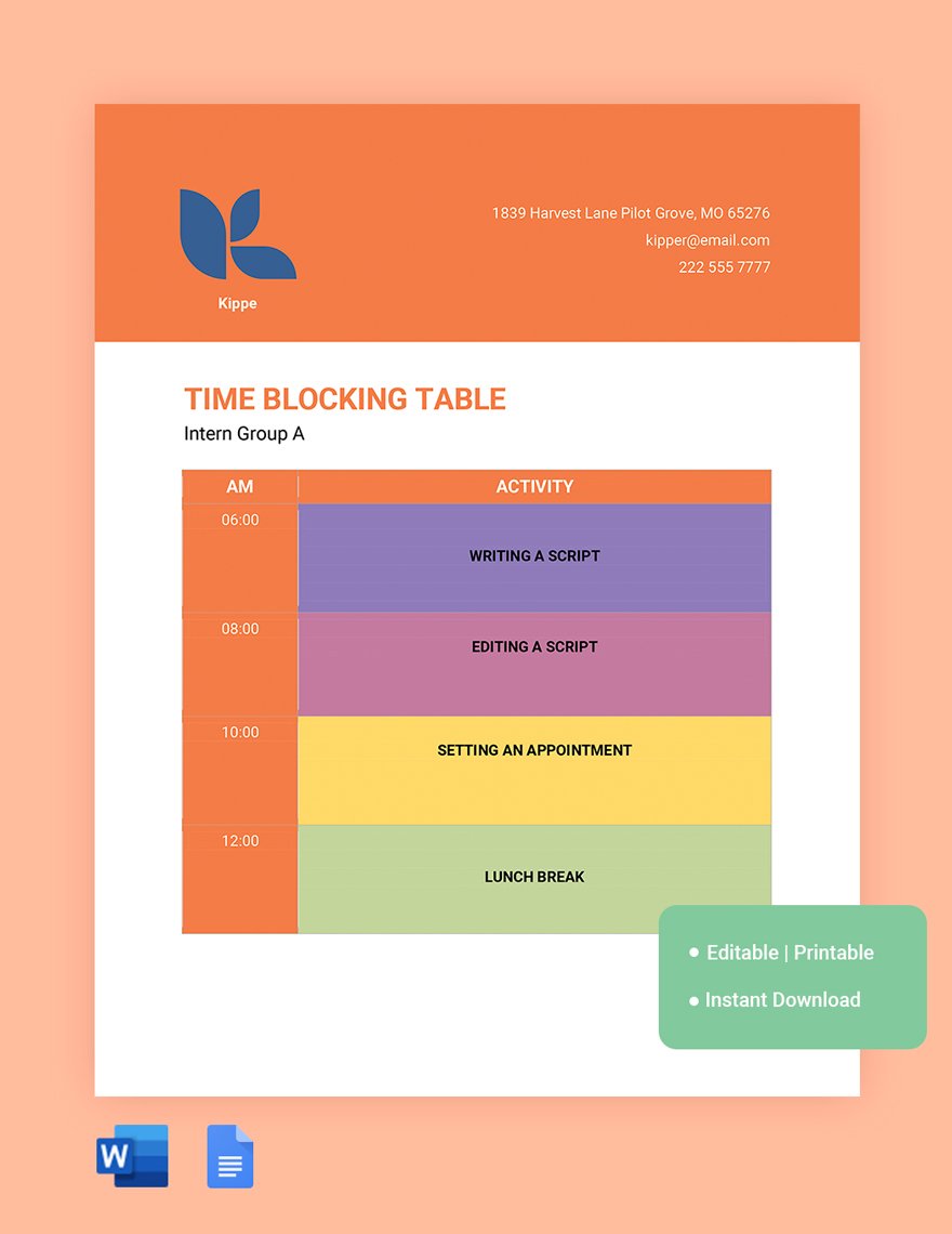 Task Time Blocking Template in Word, Google Docs