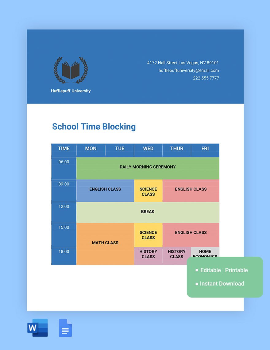 School Time Blocking Template in Word, Google Docs
