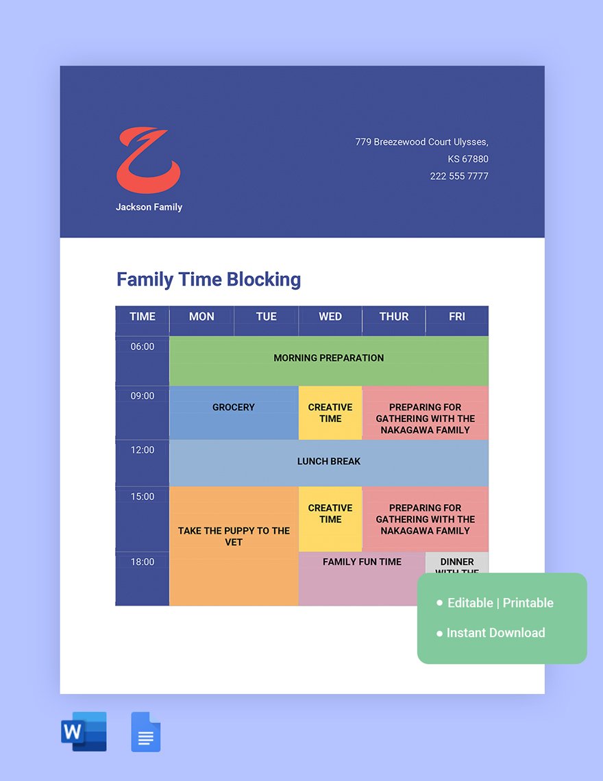 Family Time Blocking Template in Word, Google Docs