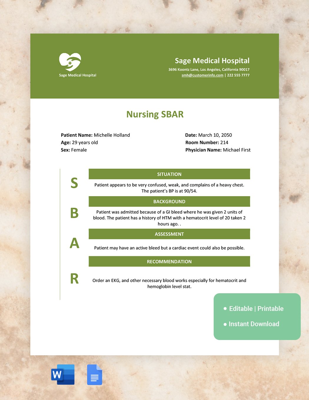 Nursing SBAR Template in Word, Google Docs