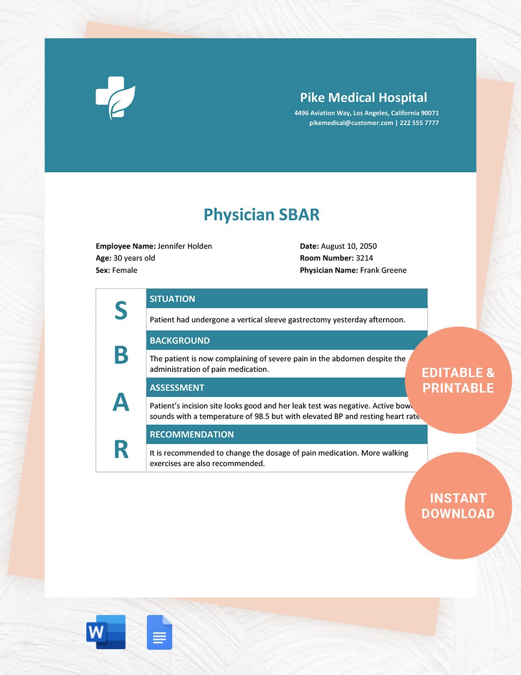 Physician SBAR Template in Word, Google Docs