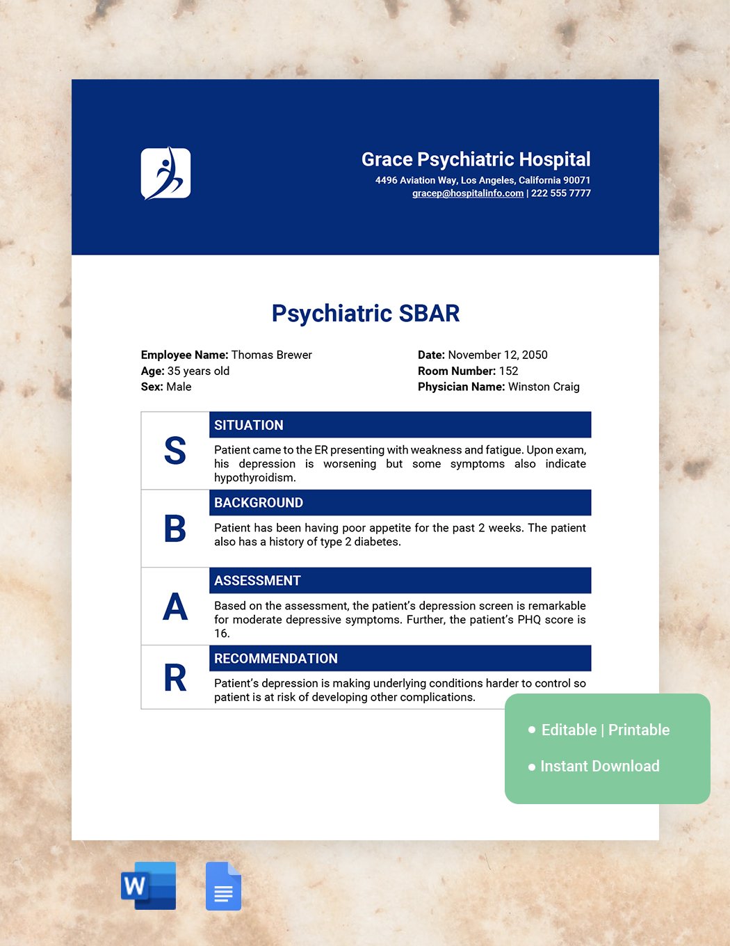 Psychiatric SBAR Template in Word, Google Docs