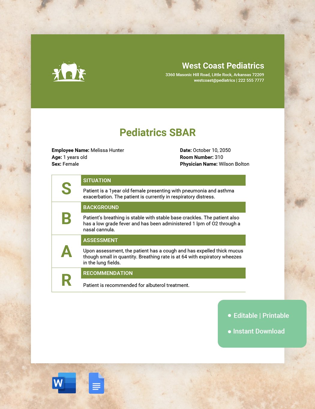 Pediatrics SBAR Template in Word, Google Docs