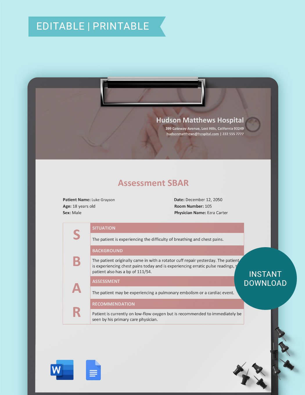 SBAR Assessment Template in Word, Google Docs