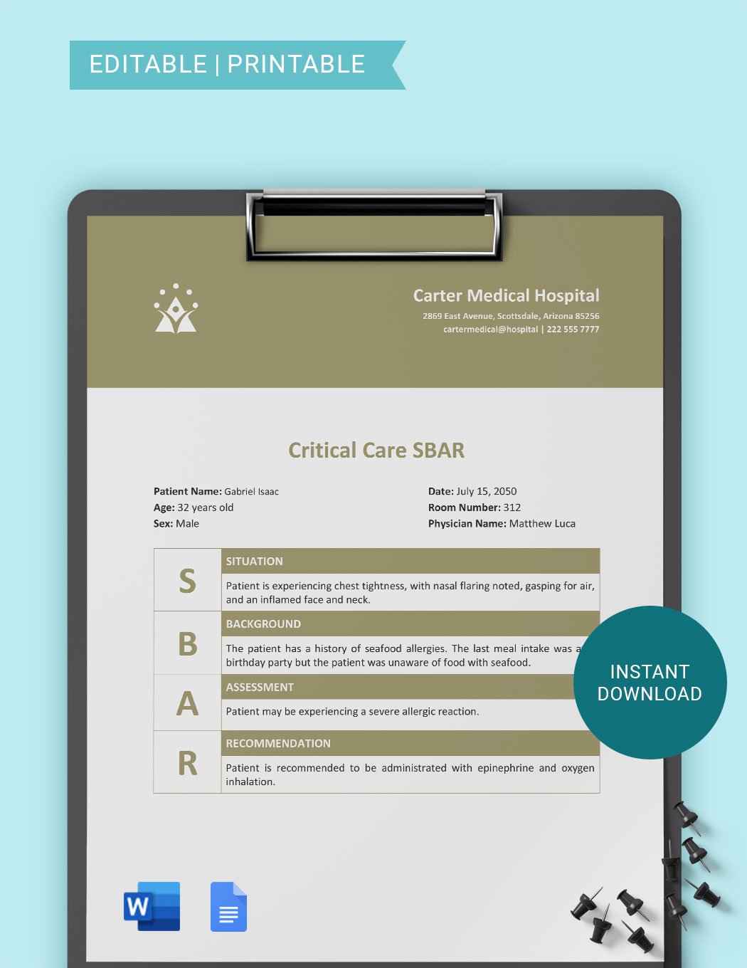 Critical Care SBAR Template in Word, Google Docs