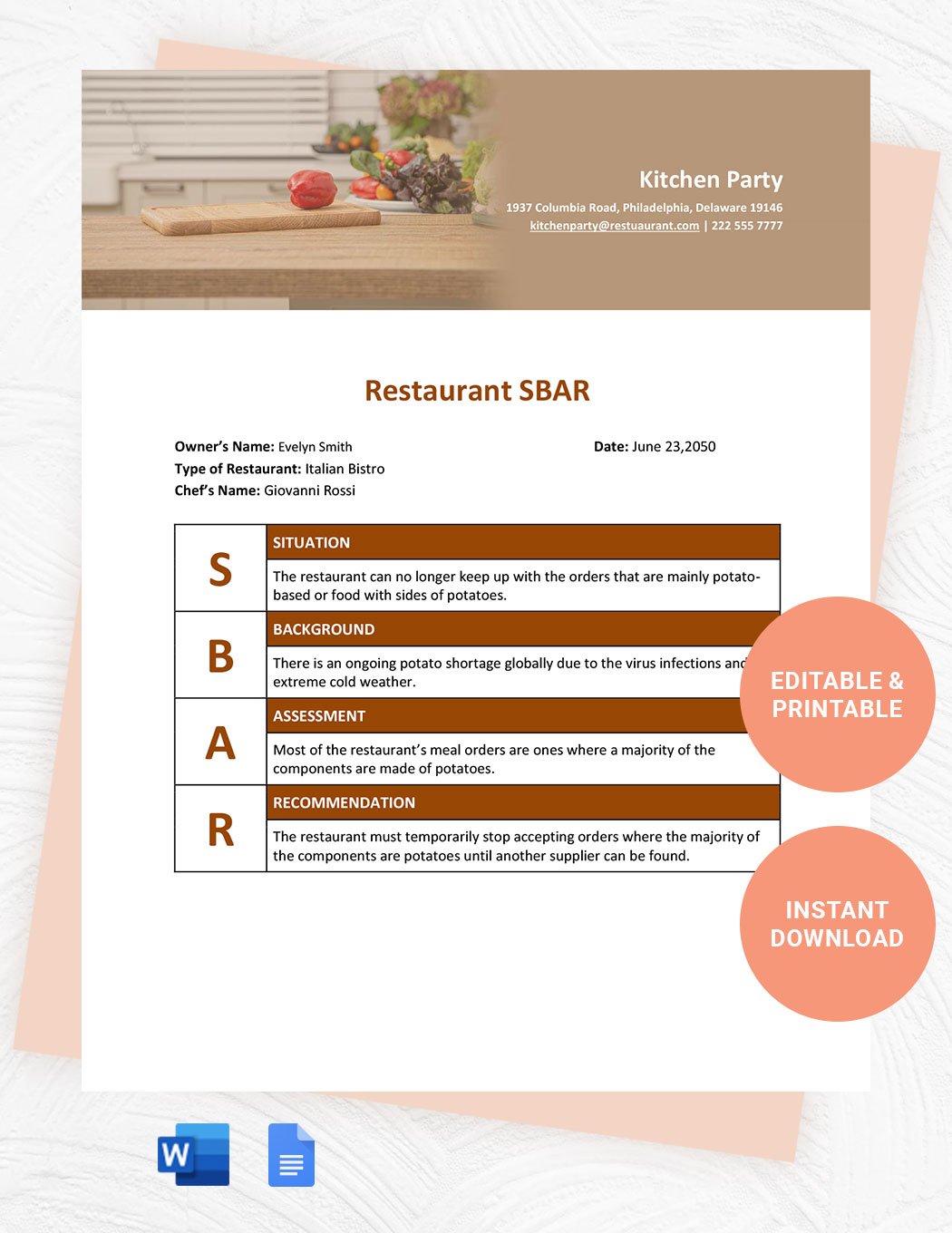 Restaurant SBAR Template in Word, Google Docs
