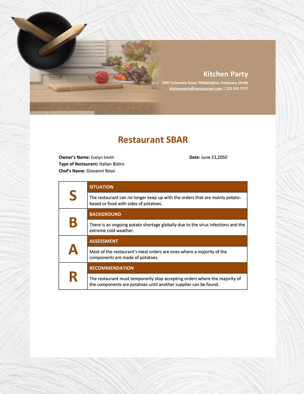 Restaurant SBAR Template
