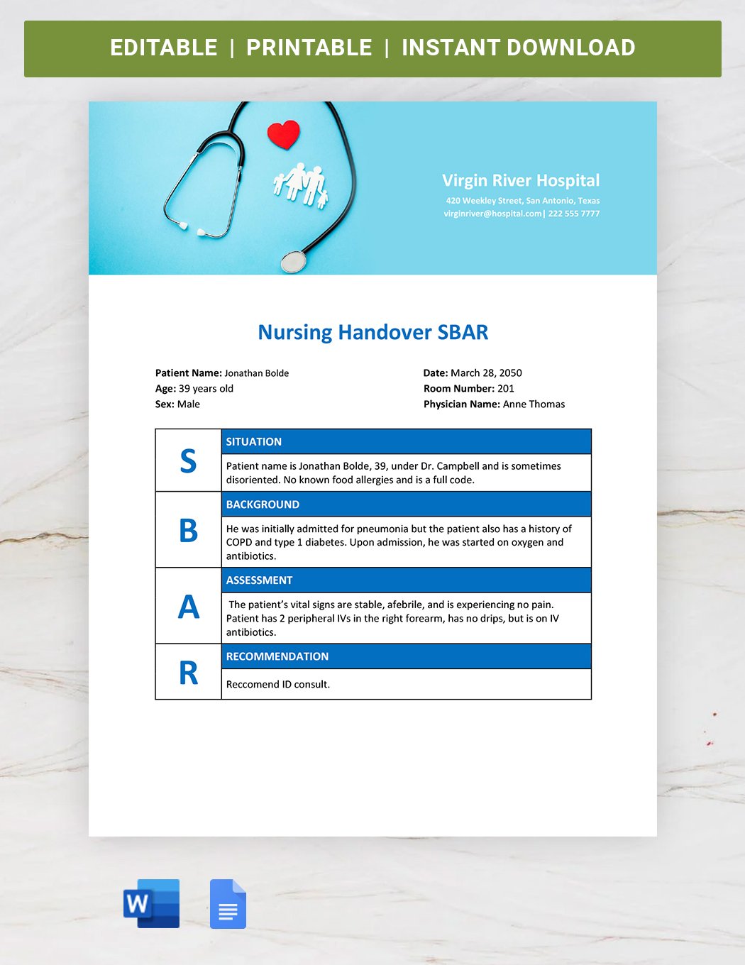 Nursing Handover SBAR Template in Word, Google Docs