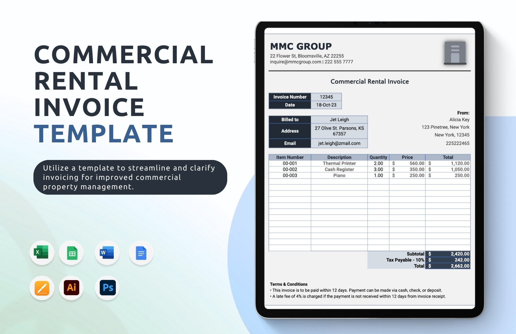 Commercial Rental Invoice Template in Word, PSD, Illustrator, Google Docs, Pages, Excel, Google Sheets - Download | Template.net