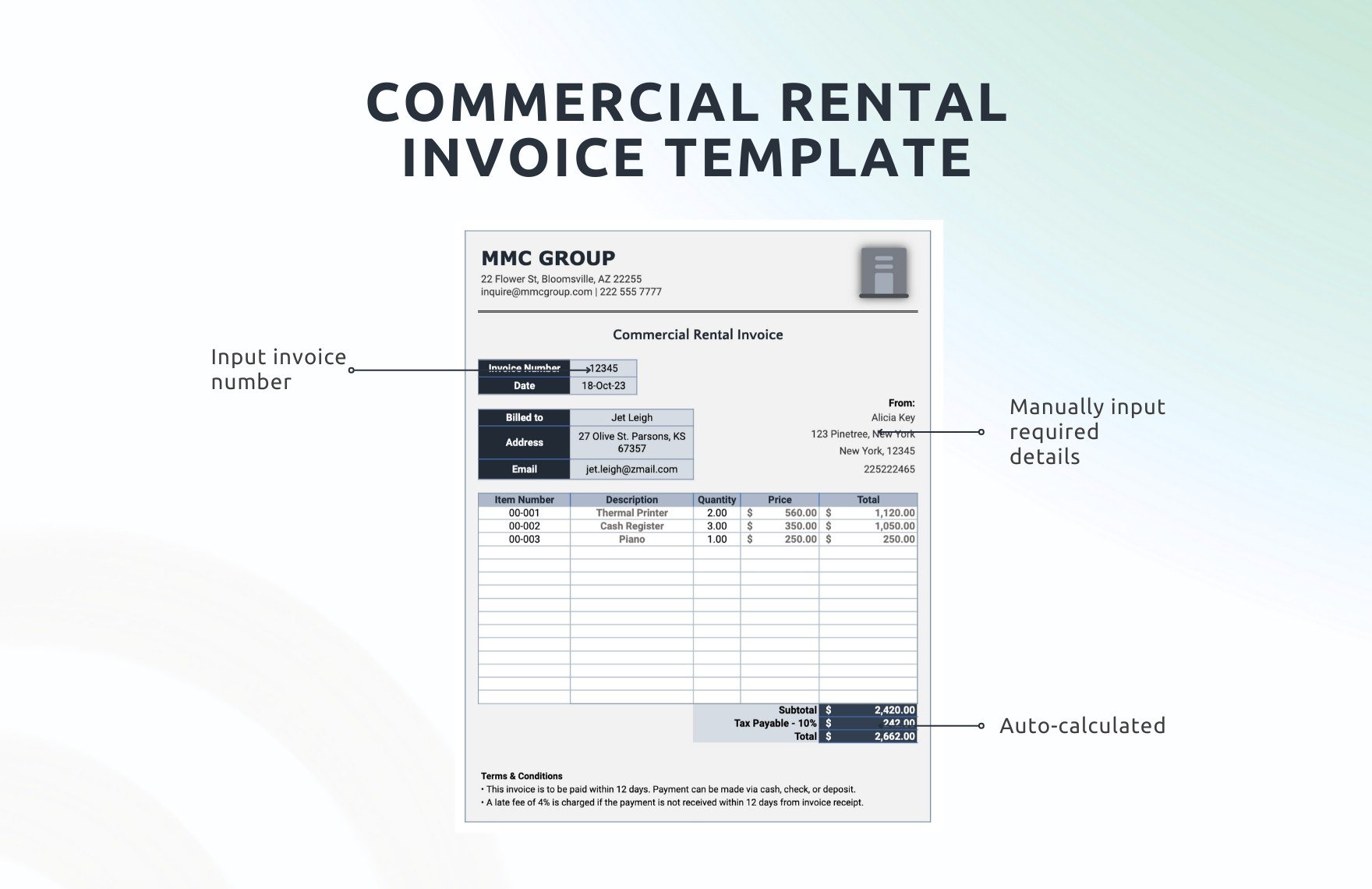 Commercial Rental Invoice Template